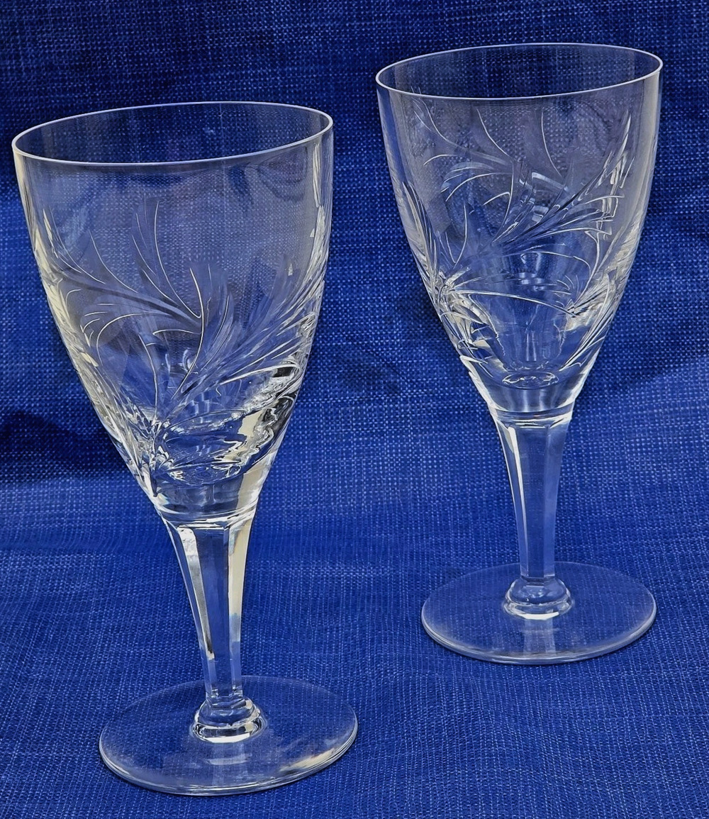 Pair of Stuart Crystal Windermere Water Goblets 7 1/8" Cut Floral Plume England
